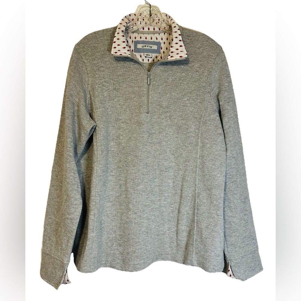 Orvis Sweatshirt Womens Large Gray Flip Cuff 1/4 Zip Pullover Preppy Lightweight